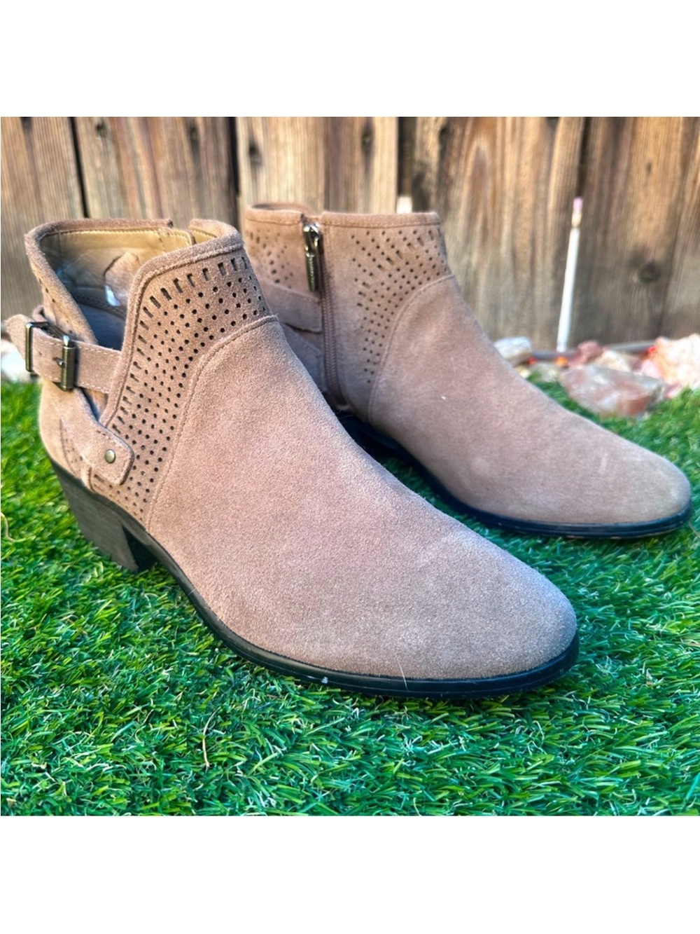 Vince Camuto Taupe Suede Perforated Ankle Booties